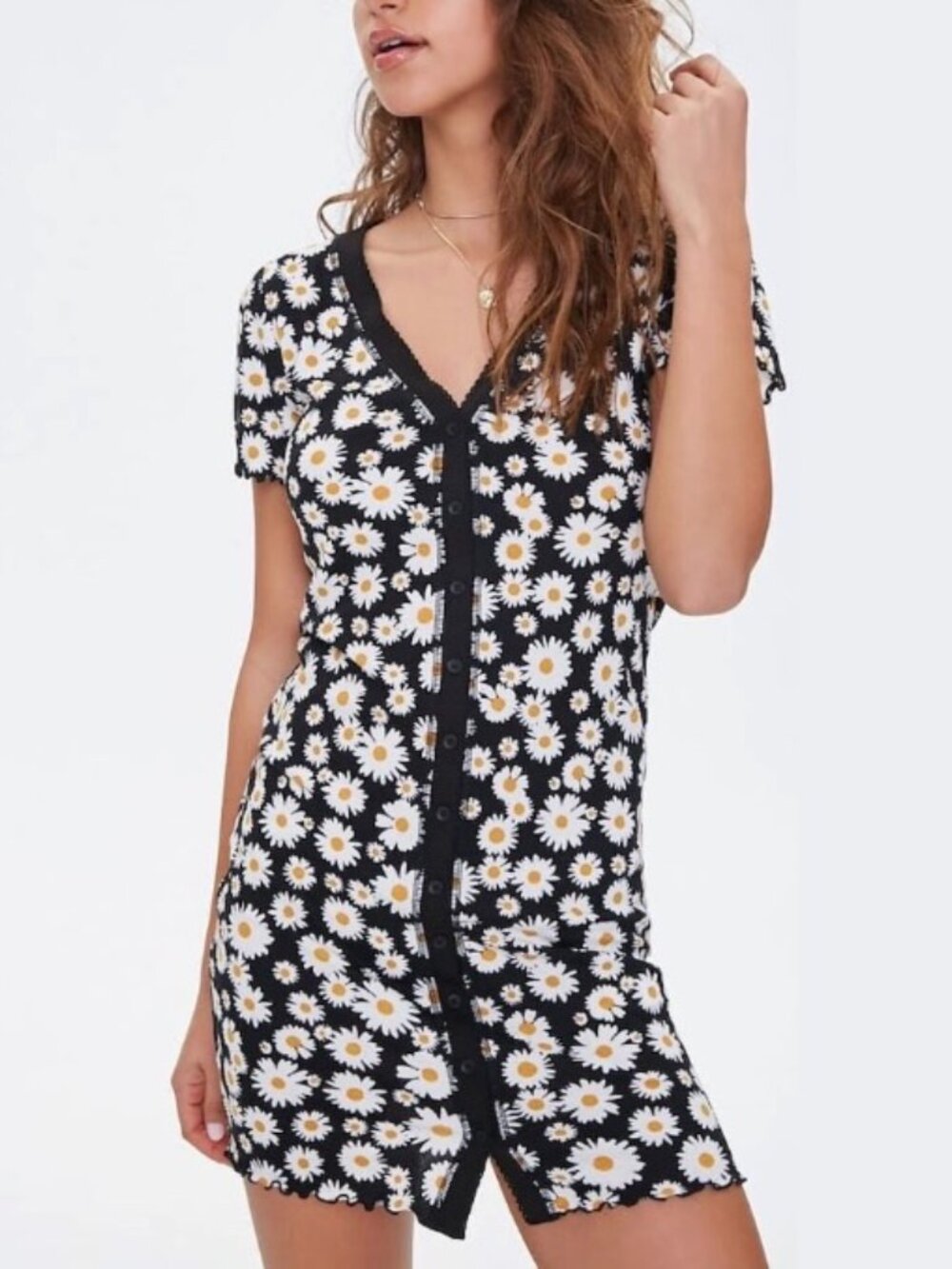 Forever 21 Y2K Daisy Print Ribbed V-Neck Mini Dress Black S